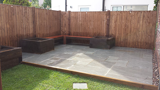 Joseph Mat Landscape kandla grey sandstone  patio, sleepers beds, fencing, lawn and drainage