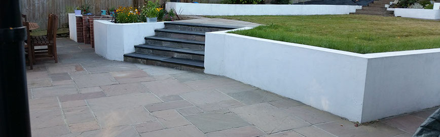 Joseph Mat Landscape,  featheredge fence ,  sandstone paving, beds, brick step