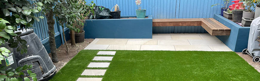 Joseph Mat Landscape,  featheredge fence ,  sandstone paving, beds, brick step